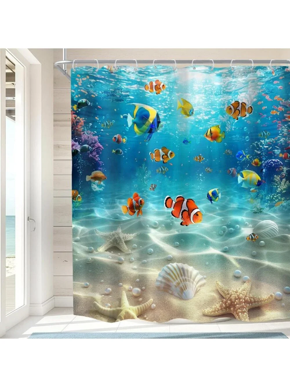 Colorful Ocean Fish Shower Curtain - Summer Underwater Kids Bathroom Decor 72x72